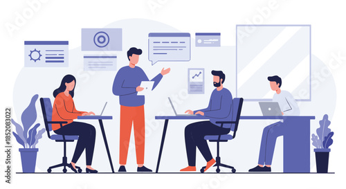 Business team meeting illustration with a man presenting and colleagues working on laptops