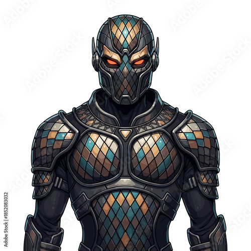 Futuristic armored character in harlequin mosaic pattern design  
