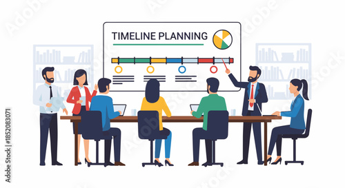 Business team meeting illustration showing timeline planning and presentation on whiteboard