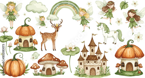 Whimsical fantasy landscape with mushroom houses and a deer