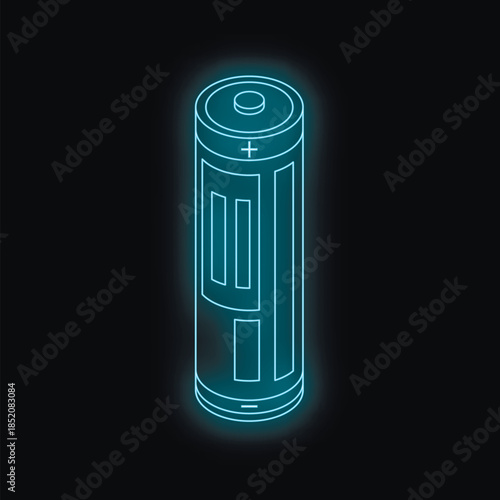 Neon battery icon glowing on dark background, representing energy, power, and electricity