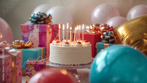 Birthday Celebration With Candles on Cake and Colorful Presents Around