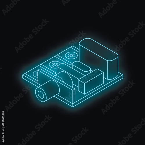 Neon blue isometric view of a circuit board representing technological innovation