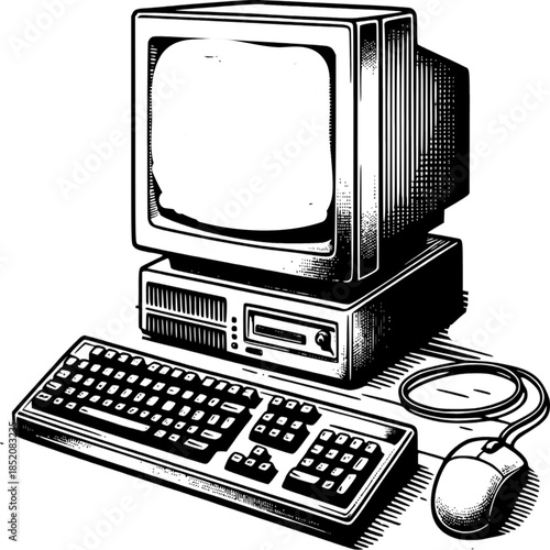 Vintage Computer Setup: A nostalgic glimpse into the early days of personal computing, this monochrome image showcases a classic computer setup, complete with a CRT monitor, keyboard, mouse.