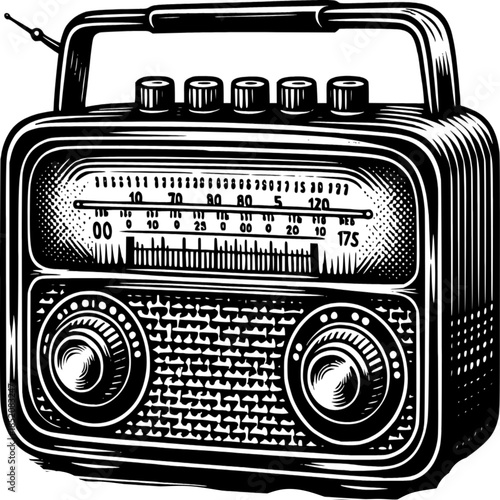 Vintage Radio: A detailed illustration of a classic radio set, showcasing the intricate design and mechanical dials, evoking a sense of nostalgia for a bygone era.