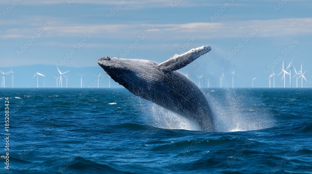 Fototapeta premium whale breaching in ocean near wind turbines