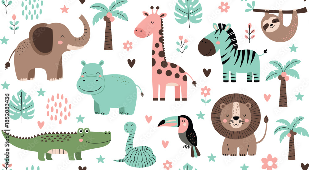 Naklejka premium Cute Safari Jungle Animals Pattern With Elephant Giraffe Lion Zebra And Tropical Plants Flat Vector Illustration