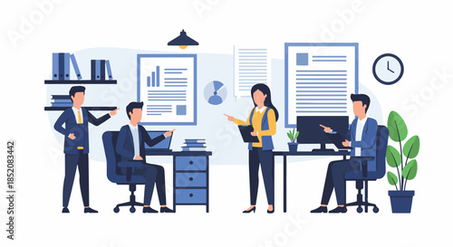 Business team in a modern office setting working and collaborating on projects together