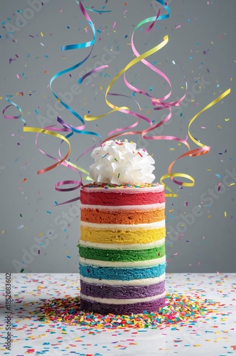 Colorful Cake With Layers and Cream on Top is Surrounded by Ribbons and Sprin...