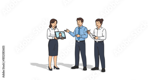 Business team holding a tablet during a video conference illustration on a white background