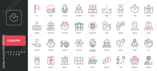 Country, region and city location on globe, language and culture, nation and religion line icon set. Flag and government, border and map, cuisine thin black and red outline symbols vector illustration
