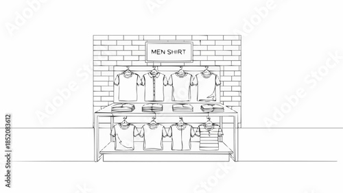 T-shirt display rack with various shirts and folded clothes.