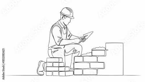 Bricklayer working on construction site with bricks and tools.
