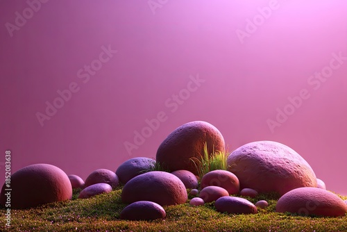 Smooth pebbles rest on green grass under a soft pink light.