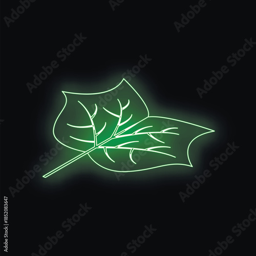 Neon green leaf glowing on a black background, representing nature, ecology, and green energy