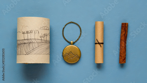 Artistic Still Life Composition of Hand Drawn Landscape, Pendant, Scroll, and Cinnamon Stick on a Blue Background for Creative Projects and Design Elements