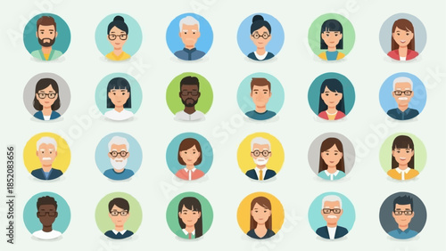 Diverse group of people avatars in a circular pattern.
