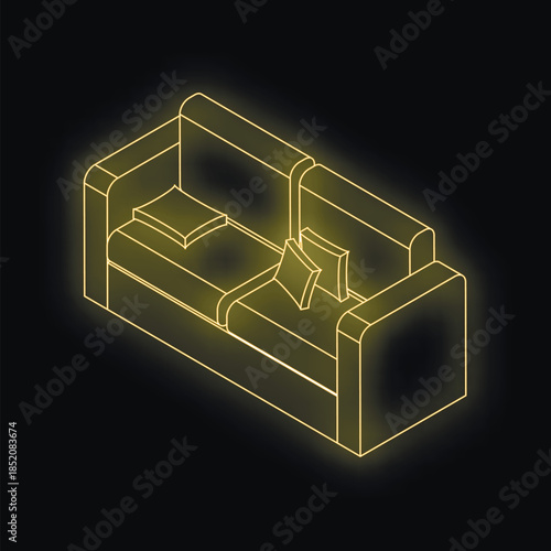 Neon yellow isometric view of a comfortable sofa with pillows, perfect for interior design projects or furniture advertising