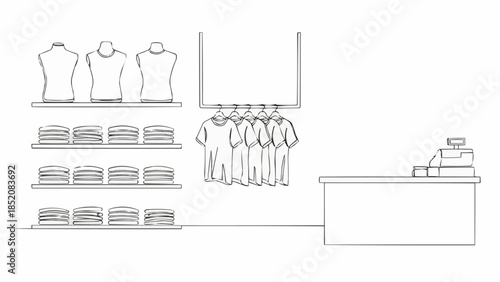Clothing store interior with mannequins and cash register.