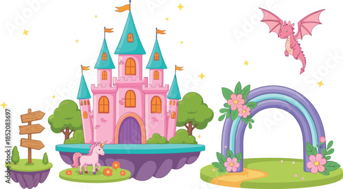 Fantasy fairy tale castle with unicorn, rainbow arch and flying dragon, cute magical landscape illustration for children stories, games and fantasy design