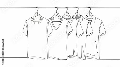 Minimalist Line Art Drawing of Five T-Shirts on Hangers.