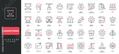 Manufacturing process in factory, planning and engineering, mass production line icon set. Smart technology and robot, machines and products thin black and red outline symbols vector illustration