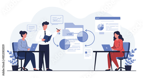 Business team discussing data analysis and charts while working together in office setting