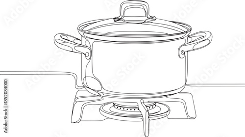 A simple, outline illustration of a standard pot on a burner with an active flame, depicting food preparation.