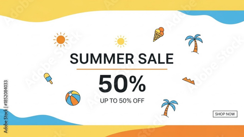 Vibrant summer sale banner with colorful illustrations and 50 percent discount offer on a