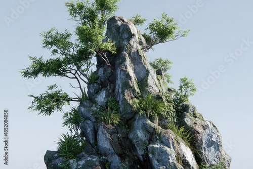 Rocky outcrop with green foliage and clear sky.