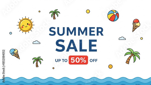 Vibrant summer sale advertisement with colorful icons and discounts up to fifty percent off on a