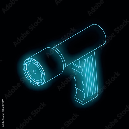 Neon blue light gun with glowing barrel and handle emitting a futuristic vibe against a black background