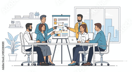 Business team discussing a presentation at a conference table in a modern office setting