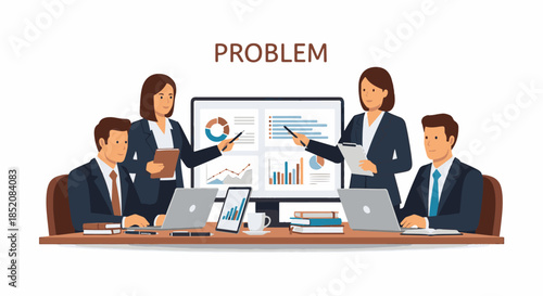 Business team discussing a problem and analyzing data on a monitor during a meeting