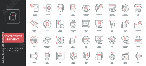 Contactless and cashless payment, online money transfer, terminal and card line icon set. NFC and pay pass, smartwatch and smartphone app thin black and red outline symbols vector illustration