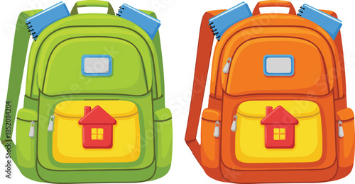 Colorful School Backpack Set with Notebooks, Cute Flat Vector Illustration for Education, Back to School Supplies, Children Learning, and Stationery Design