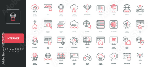 Internet network, online search and website, web page and domain line icon set. Digital network and cloud computing, webinar and email, video call thin black and red outline symbol vector illustration