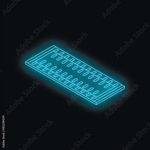 Isometric view of glowing neon blue ram memory module on black background, representing computer hardware and technology