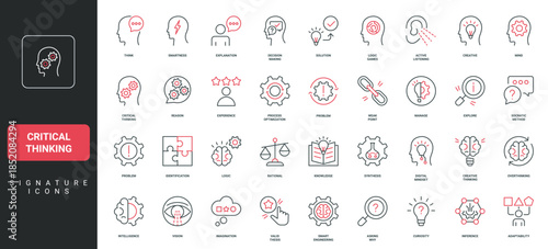 Critical thinking process and logic, valid thesis, synthesis and analysis line icon set. Problem identification and asking why, active listening thin black and red outline symbols vector illustration