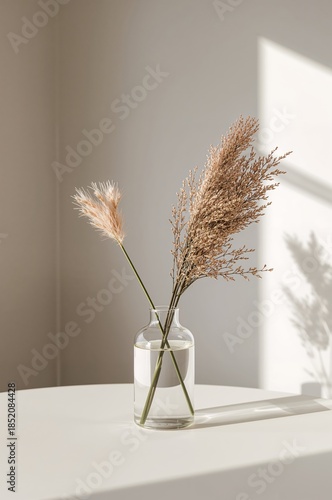 Dried Flowers in Glass Vase by Window With Light and Shadow in Room