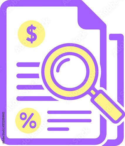 Financial Document Analysis and Business Report Review Icon with Magnifier