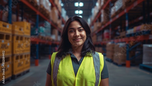 Woman in Safety Vest Stands in a Warehouse Filled With Boxes and Goods During...