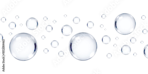 A seamless pattern featuring transparent water drops of various sizes on a clean white background