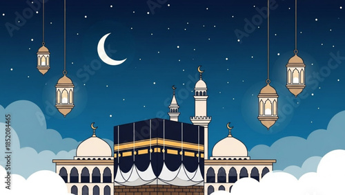 Islamic Holy Site at Night with Crescent Moon and Lanterns Decoration