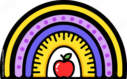 Playful modern vector graphic featuring a colorful rainbow with an apple and a ruler, symbolizing education and learning