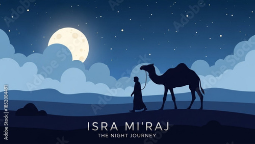 Silhouette of Traveler and Camel Under a Large Full Moon in a Desert Night Landscape
