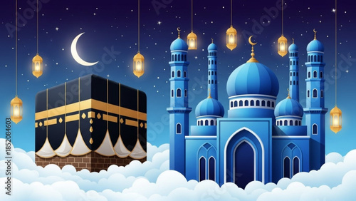 Magical Night Scene with Blue Mosque Kaaba Crescent Moon and Lanterns for Islamic Holidays