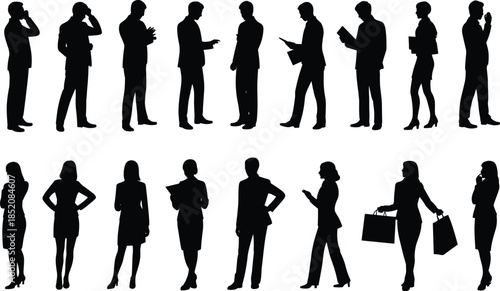 Business people silhouettes set, men and women in formal attire, office workers, communication, meeting, presentation, shopping, professional corporate poses