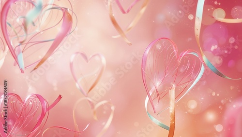 Pink Heart Ribbons Float on a Blurred Background With Shimmering Bokeh Lights...