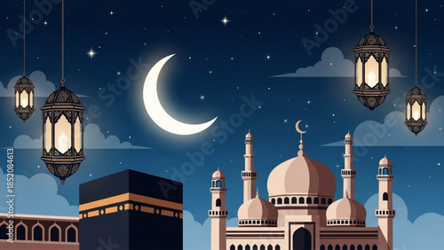 Magical Islamic Night Scene with Kaaba Mosque Dome Crescent Moon and Glowing Lanterns for Ramadan or Eid Celebrations